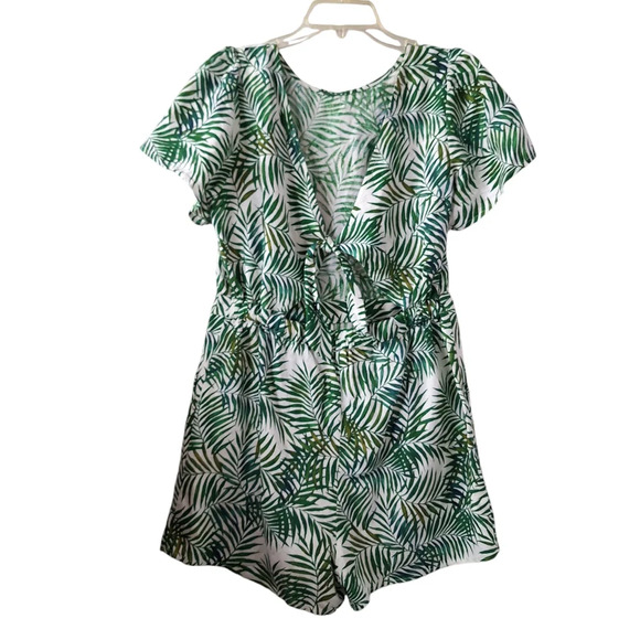 Loft Medium Green White Palm Linen-blend Tie-back Romper Pockets Tropical - Picture 5 of 15